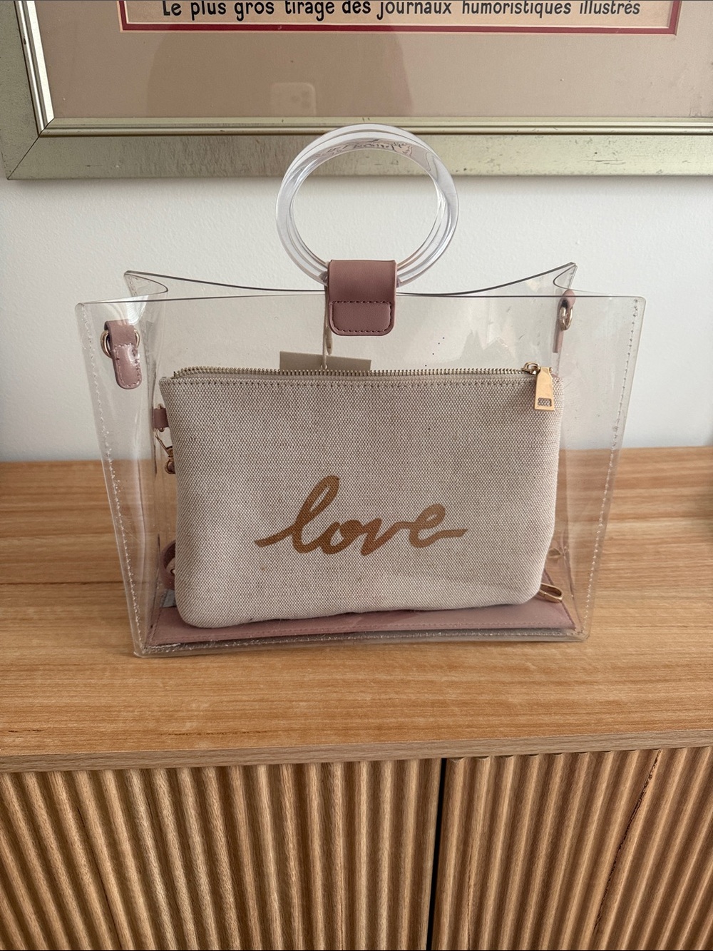 Madison West Clear Tote with Pink Trim and Beige 'Love' Pouch